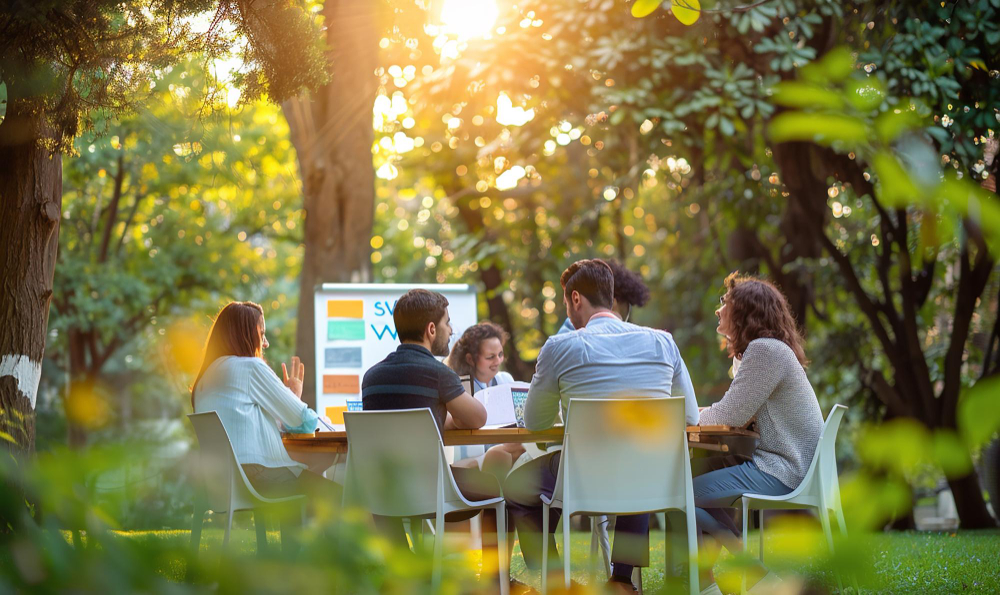 Un groupe assis autour d'une table à l'extérieur